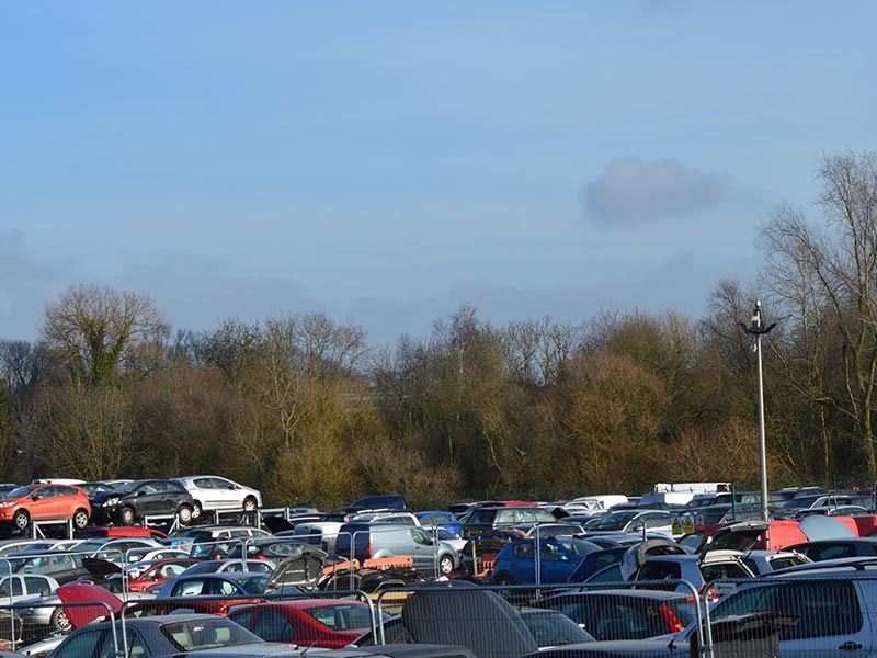 a field of cars at breakers yard